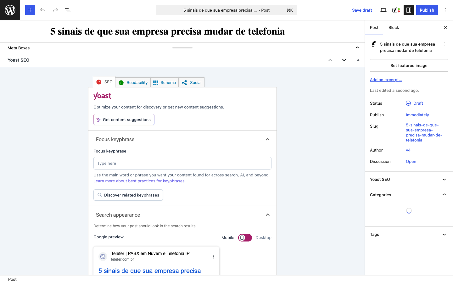 Editor de artigo no WordPress