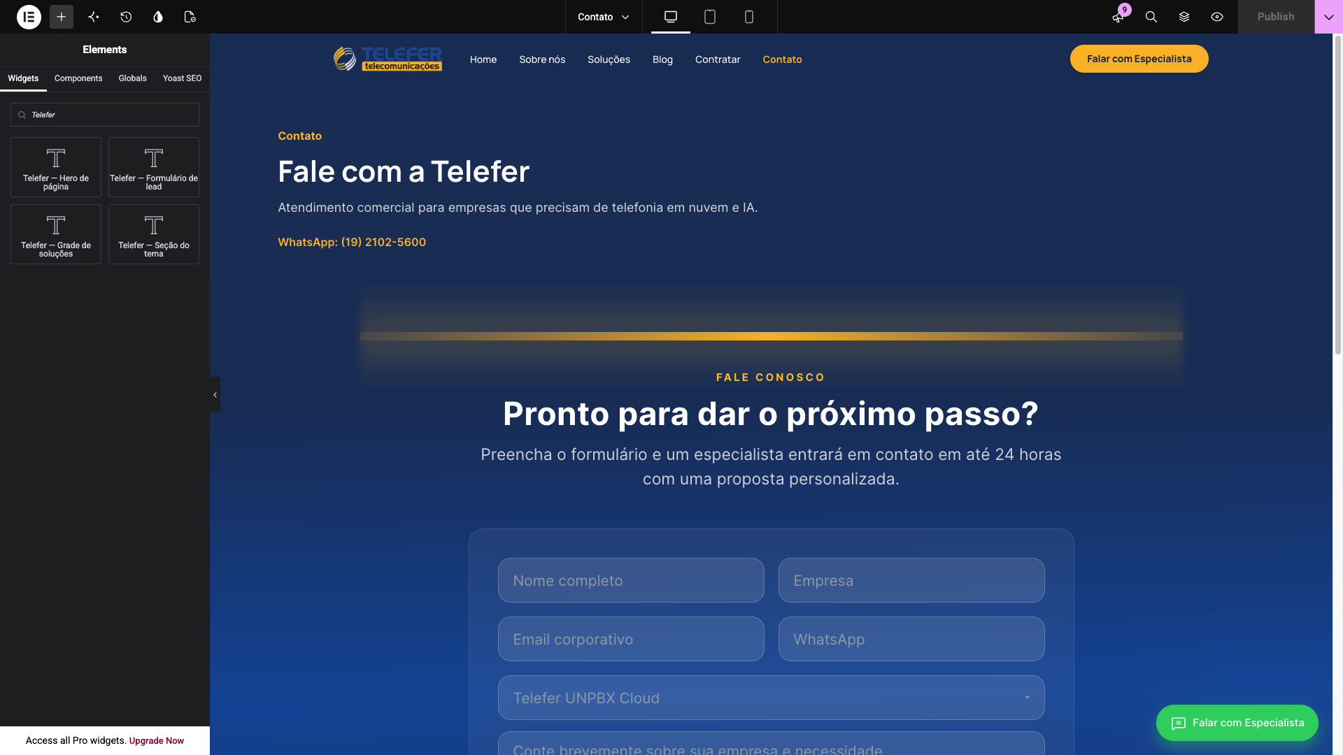 Editor Elementor na página Contato com conteúdo