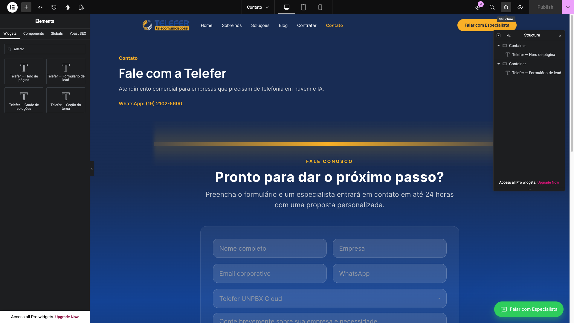 Estrutura do Elementor mostrando widgets Telefer