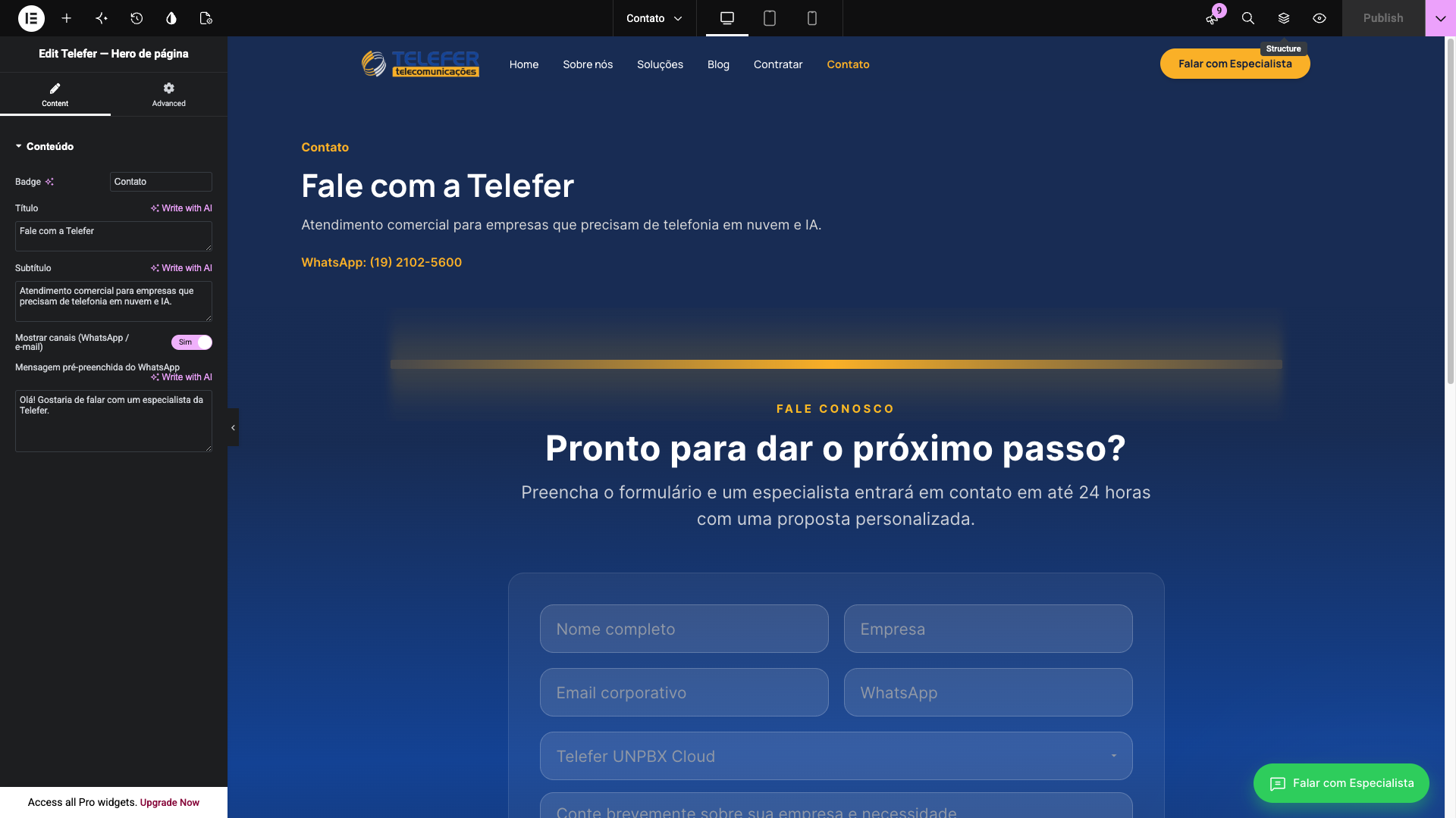 Editando o widget Hero de página na Contato
